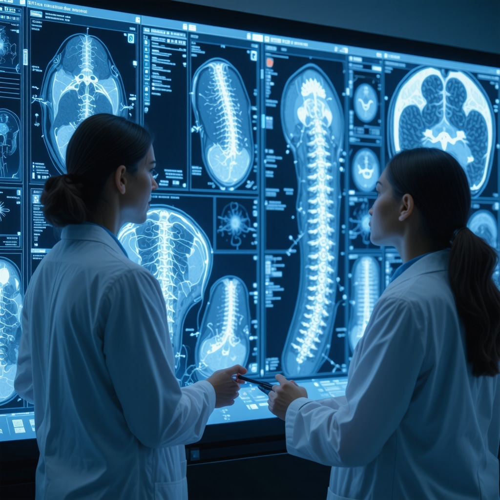 Specialist examining 3D spinal MRI with AI analytics at a futuristic spine care center