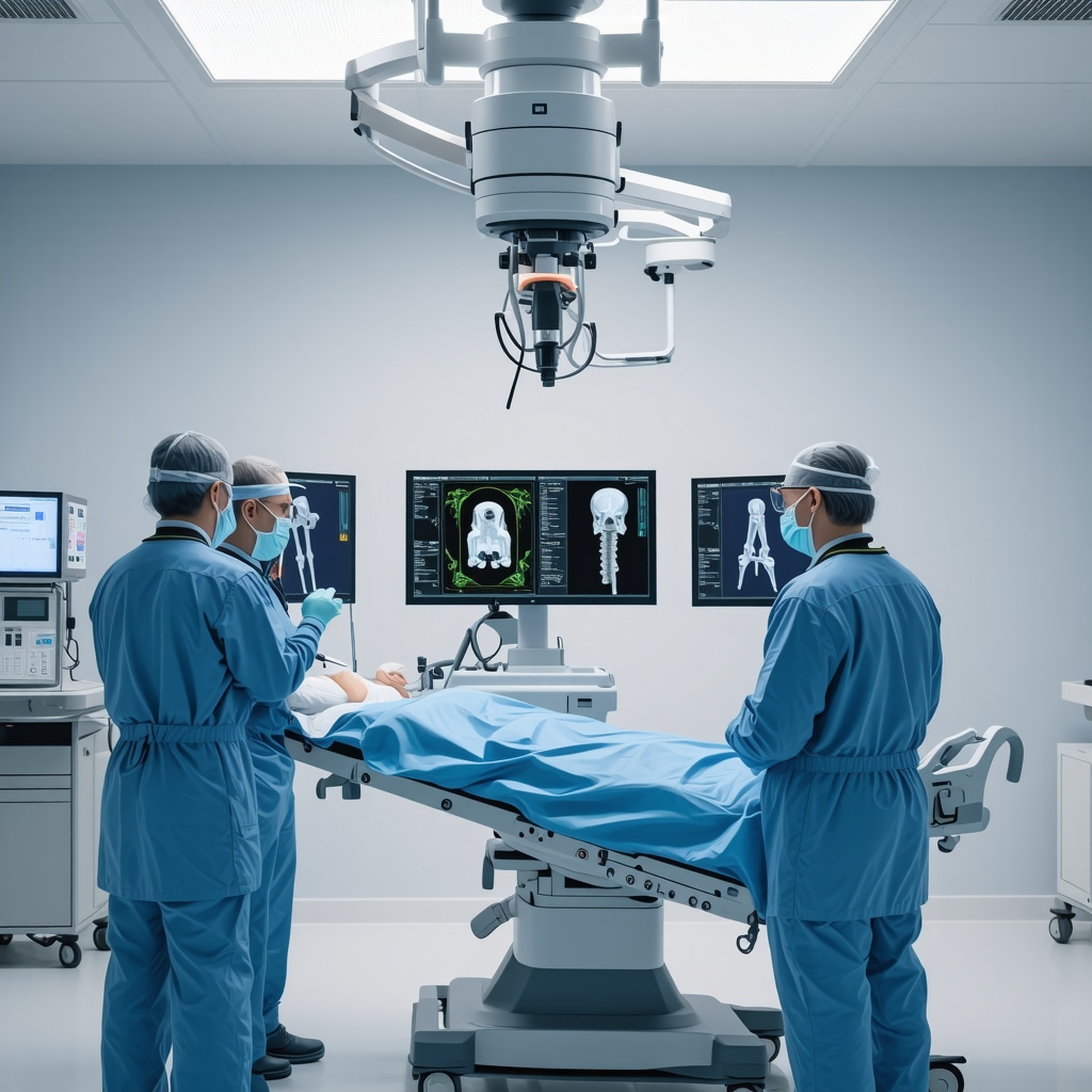 Spine surgery room with AI models and custom implant design visuals on screens
