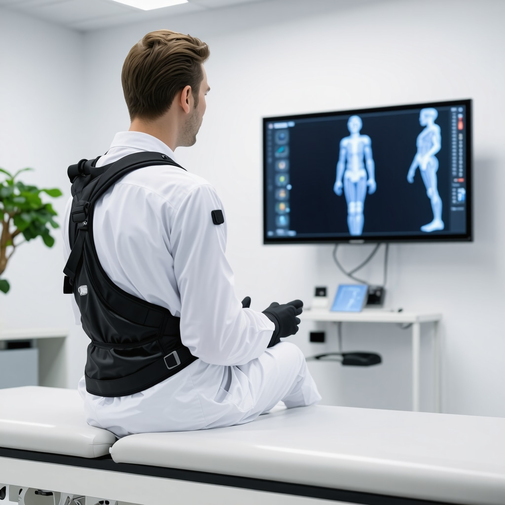 Patient with wearable AI sensors undergoing postoperative scoliosis rehabilitation monitored by clinician on digital interface