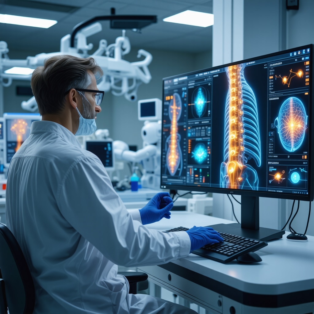 Spine specialist reviewing AI-enhanced 3D spine images with biomarker data in a futuristic medical environment