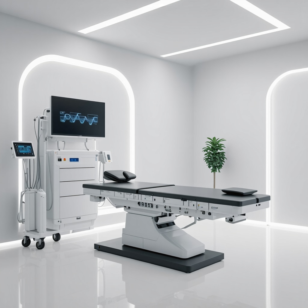 Futuristic spine clinic with AI diagnostics, wearable sensors, and VR rehabilitation for neck pain