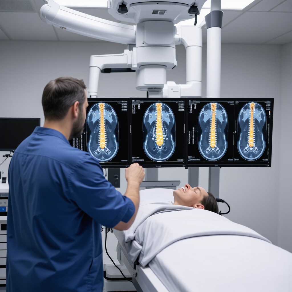 Specialist examining dynamic cervical kinematic images with patient undergoing neck scan in high-tech medical imaging room