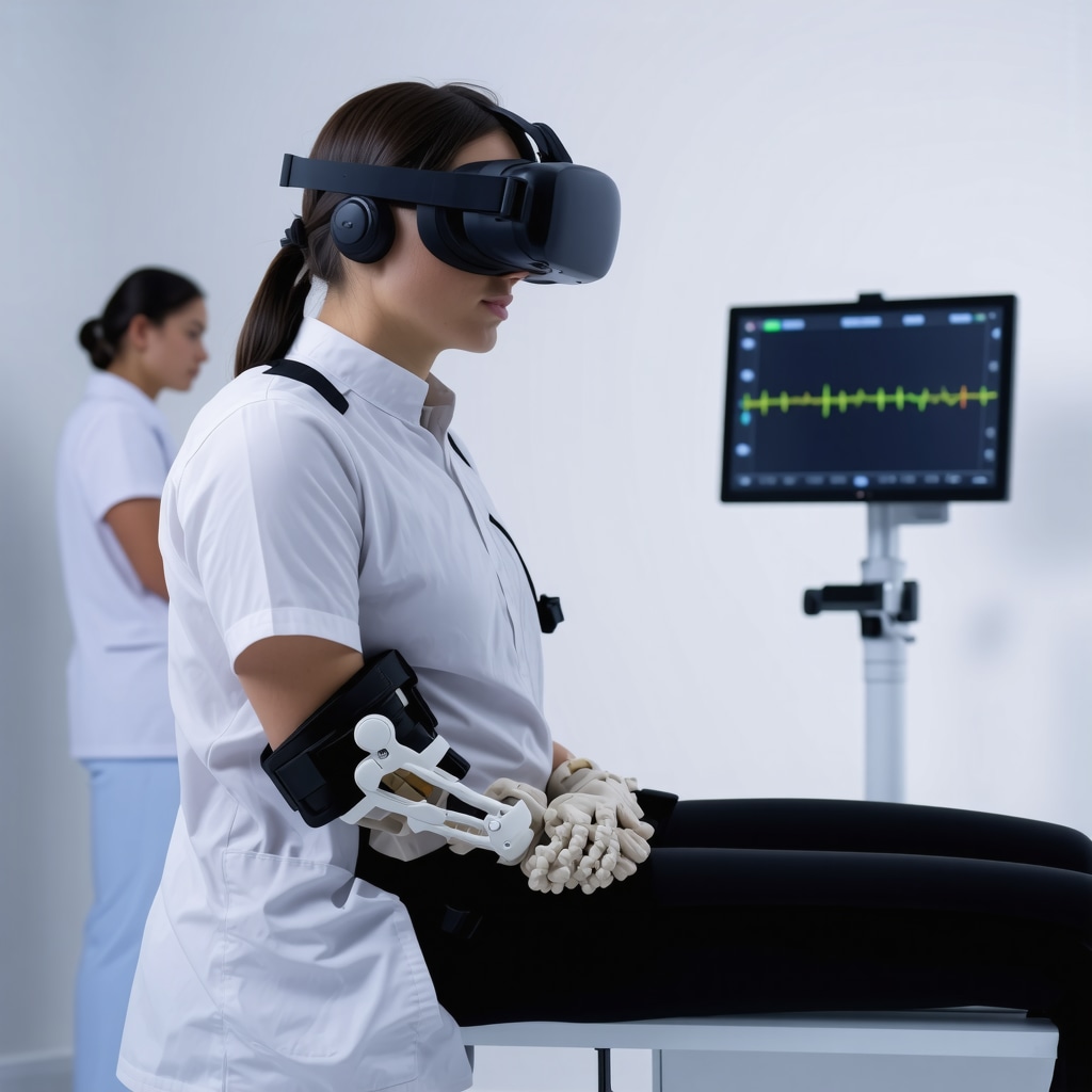 Patient undergoing cervical spine rehabilitation with virtual reality and wearable motion sensors