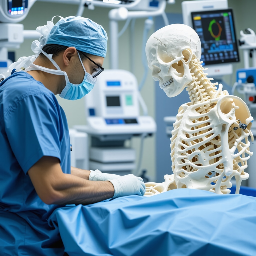 Surgeon using 3D-printed cervical spine model and AI navigation for surgical planning