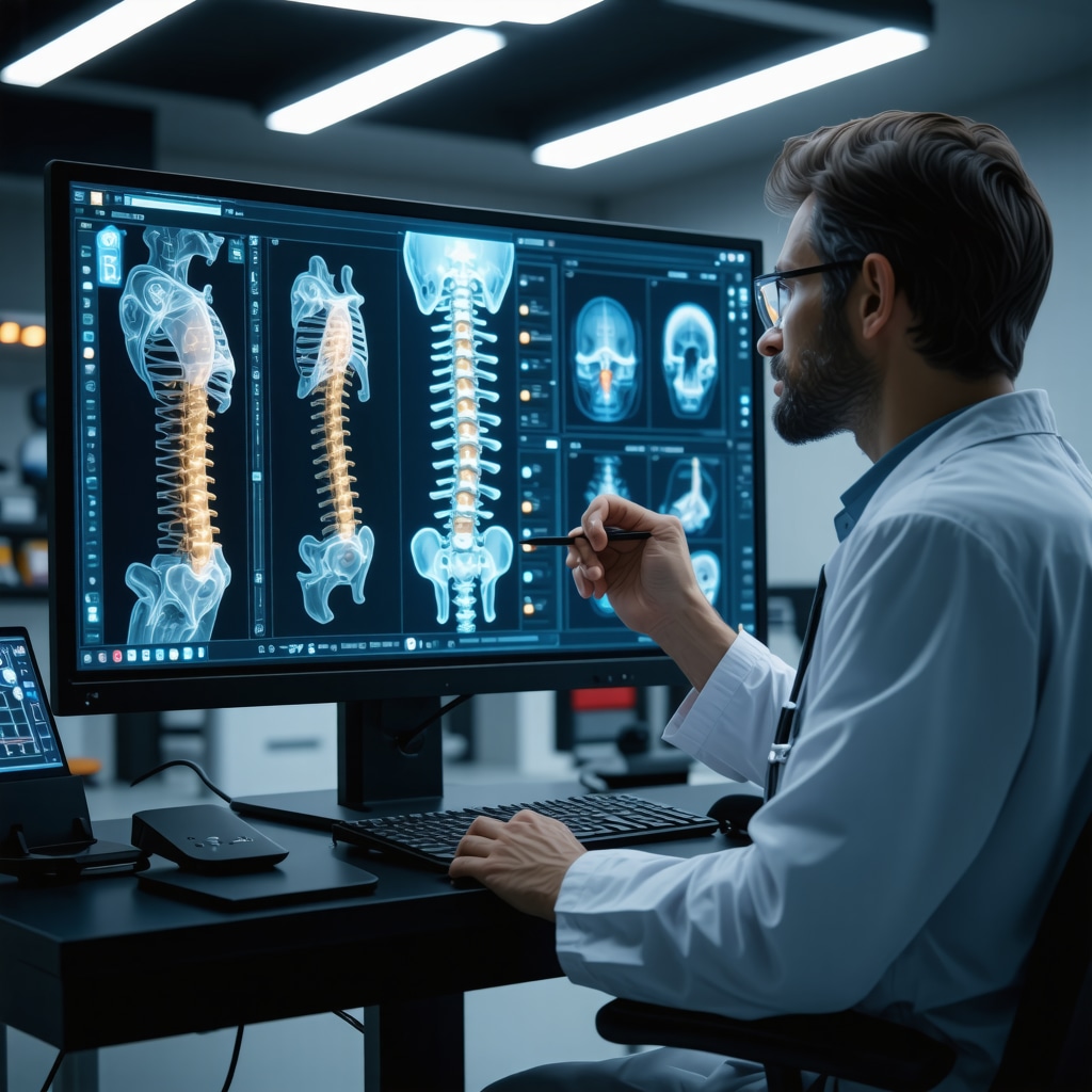 Doctor reviewing 3D spinal biomechanical models with AI interfaces for personalized spine treatment