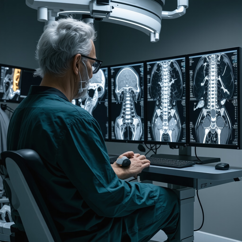 Neurosurgeon analyzing dynamic MRI and 3D CT angiography scans of cervical spine