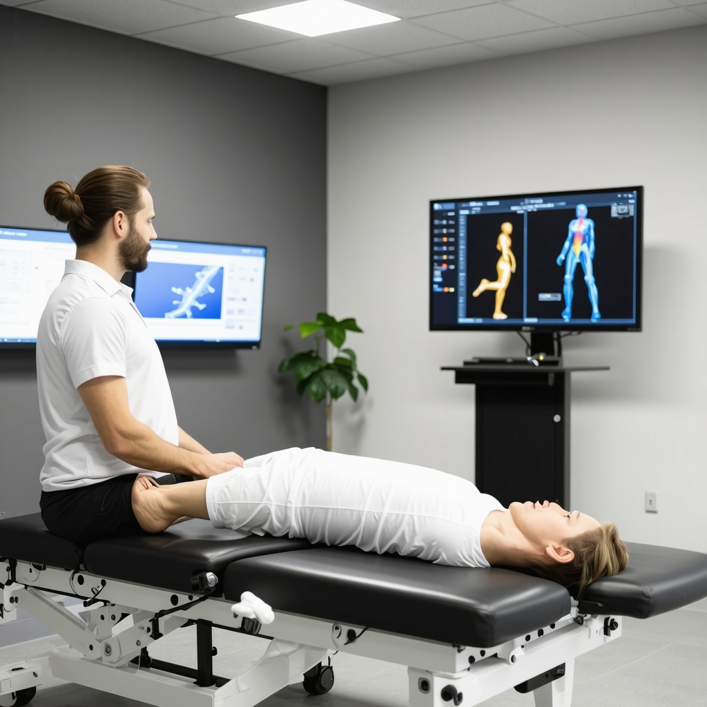 Patient undergoing spine rehabilitation with wearable sensors and AI monitoring in a New Jersey clinic