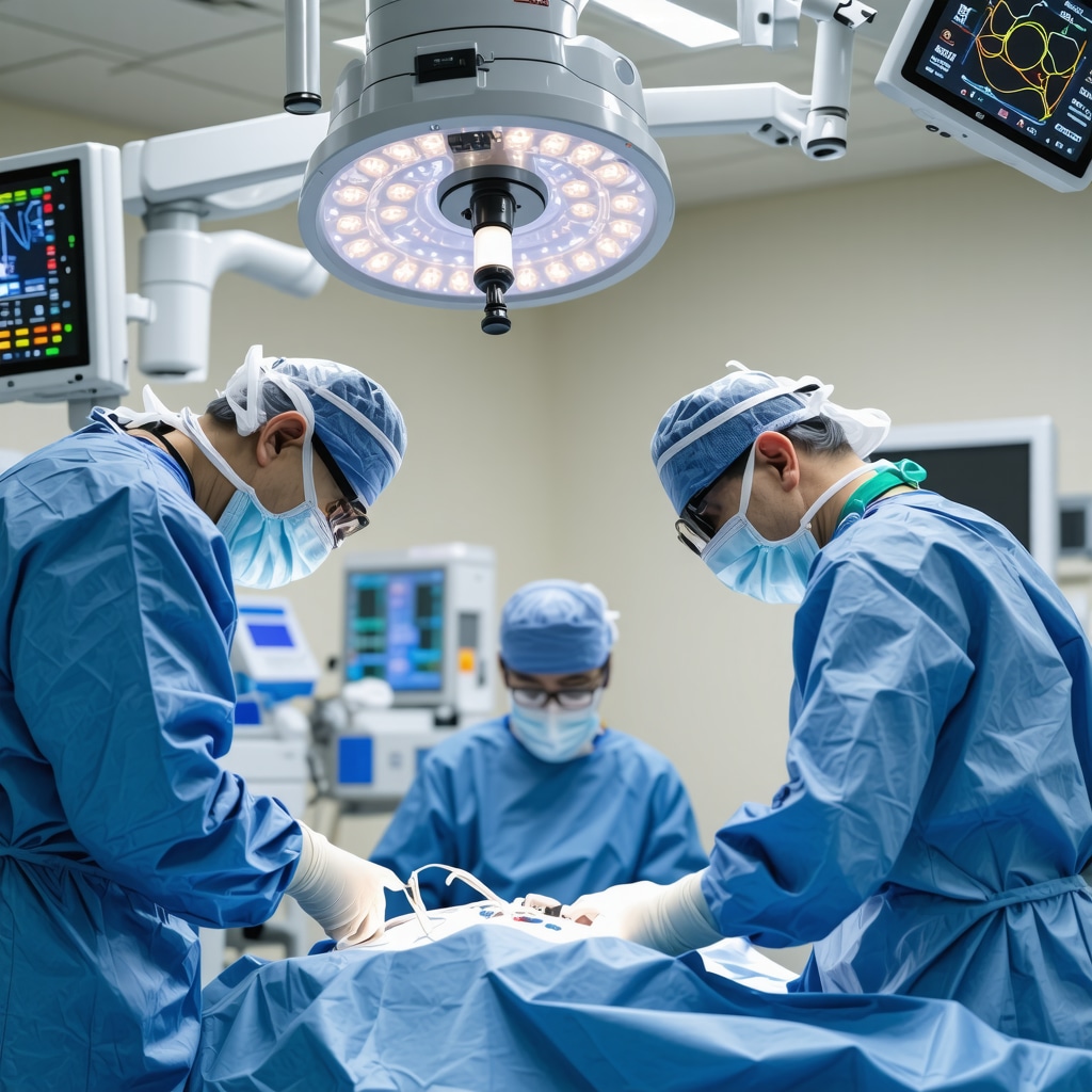 Surgeon performing laser spine surgery using AI and robotic assistance in a state-of-the-art New Jersey operating room
