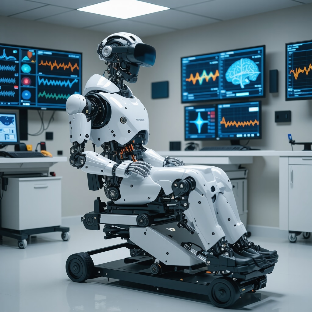 Patient undergoing lumbar spine rehabilitation using robotic exoskeleton and virtual reality with real-time biomechanical data displayed