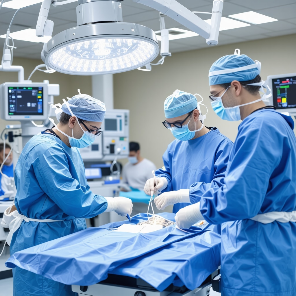 Surgeons performing minimally invasive spine surgery using advanced equipment in a New Jersey operating room