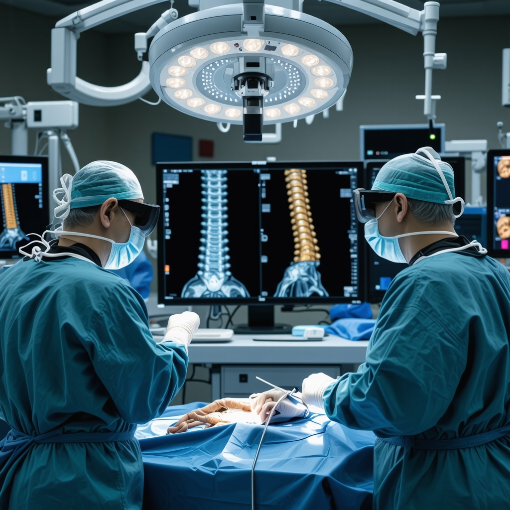 Surgeon performing minimally invasive spine surgery using augmented reality and navigation technology in a high-tech operating room
