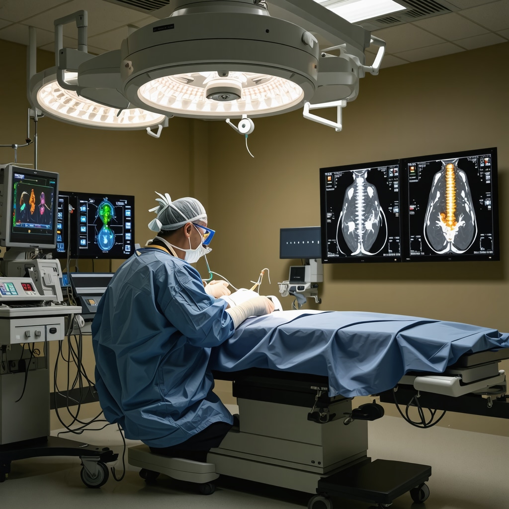Spinal surgeon performing decompression surgery using neurophysiological monitoring and 3D imaging in a modern NJ operating room