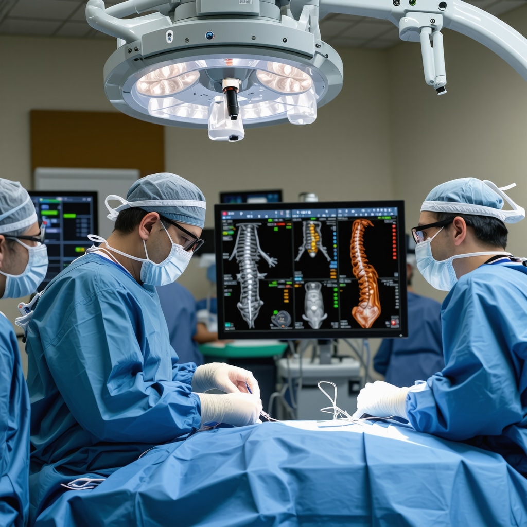 Neurosurgeon operating with 3D navigation and real-time data analytics in spine surgery