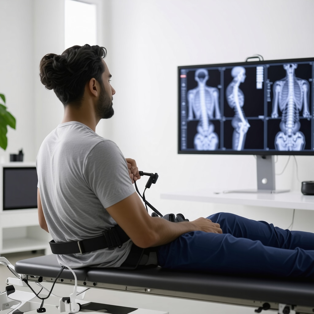 Patient undergoing post-spinal surgery rehabilitation with wearable sensors and dynamic spinal MRI analysis in New Jersey clinic