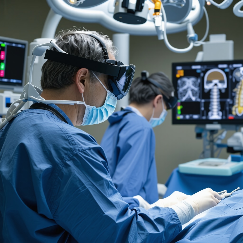 Surgeon performing robotic-assisted multilevel spinal surgery using augmented reality and advanced imaging technology