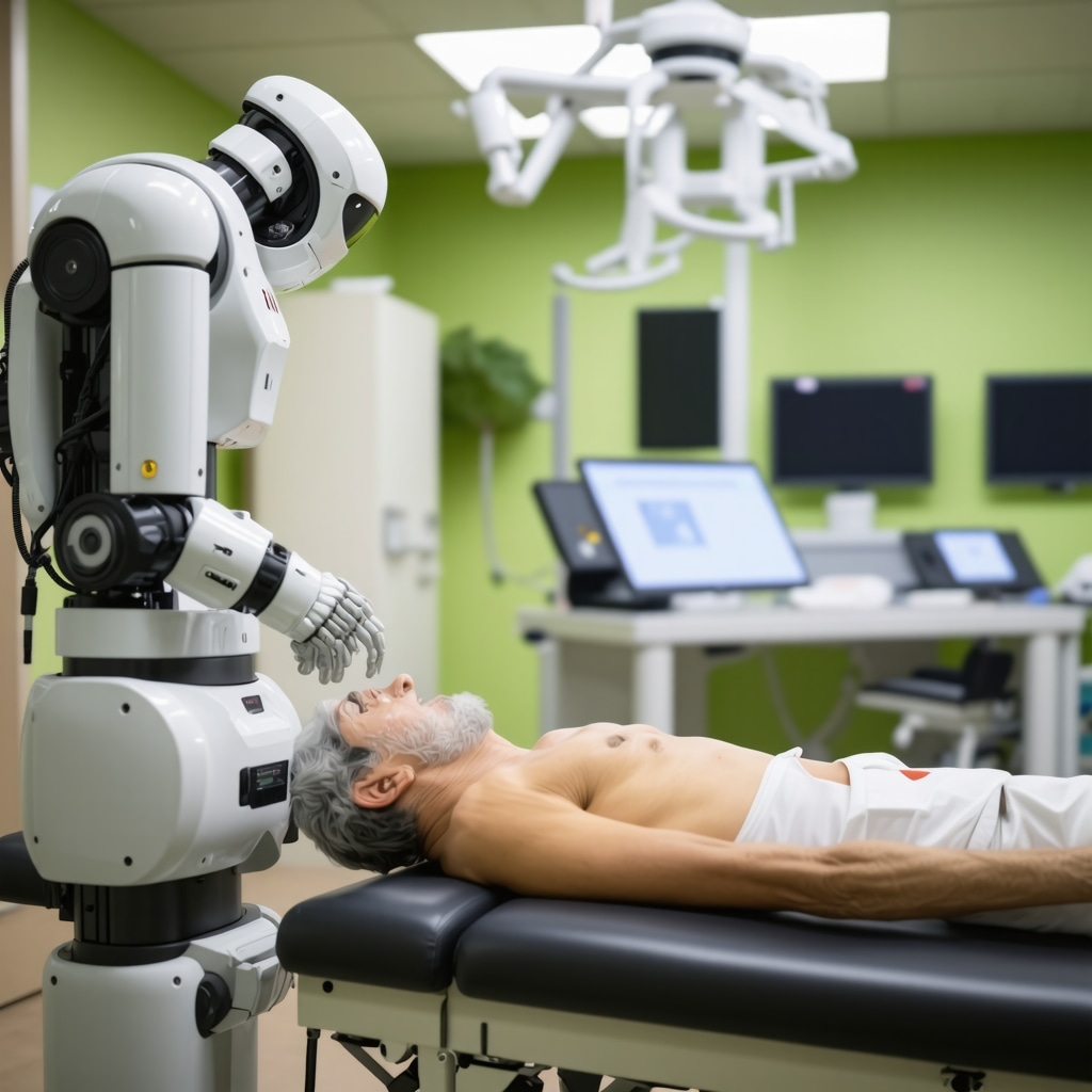 Patient undergoing robotic-assisted spine rehabilitation in a New Jersey clinic using wearable sensors