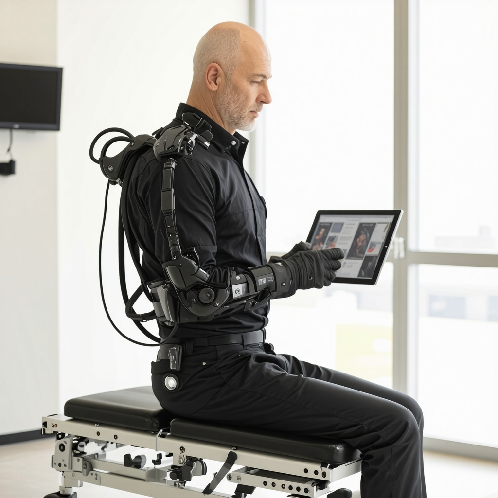Patient using robotic exoskeleton in rehabilitation clinic monitored by therapist on tablet