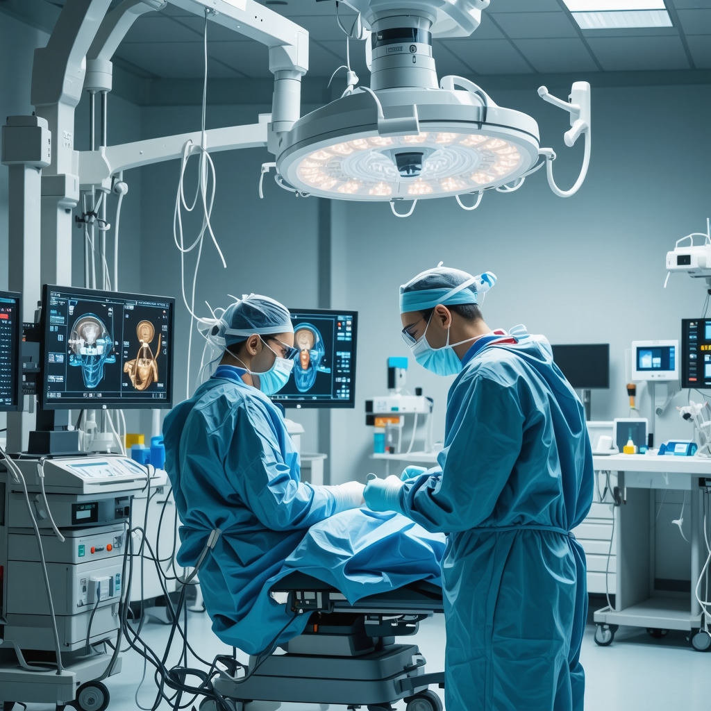 Surgeon performing robotic-assisted spine surgery with AI data displays in the operating room
