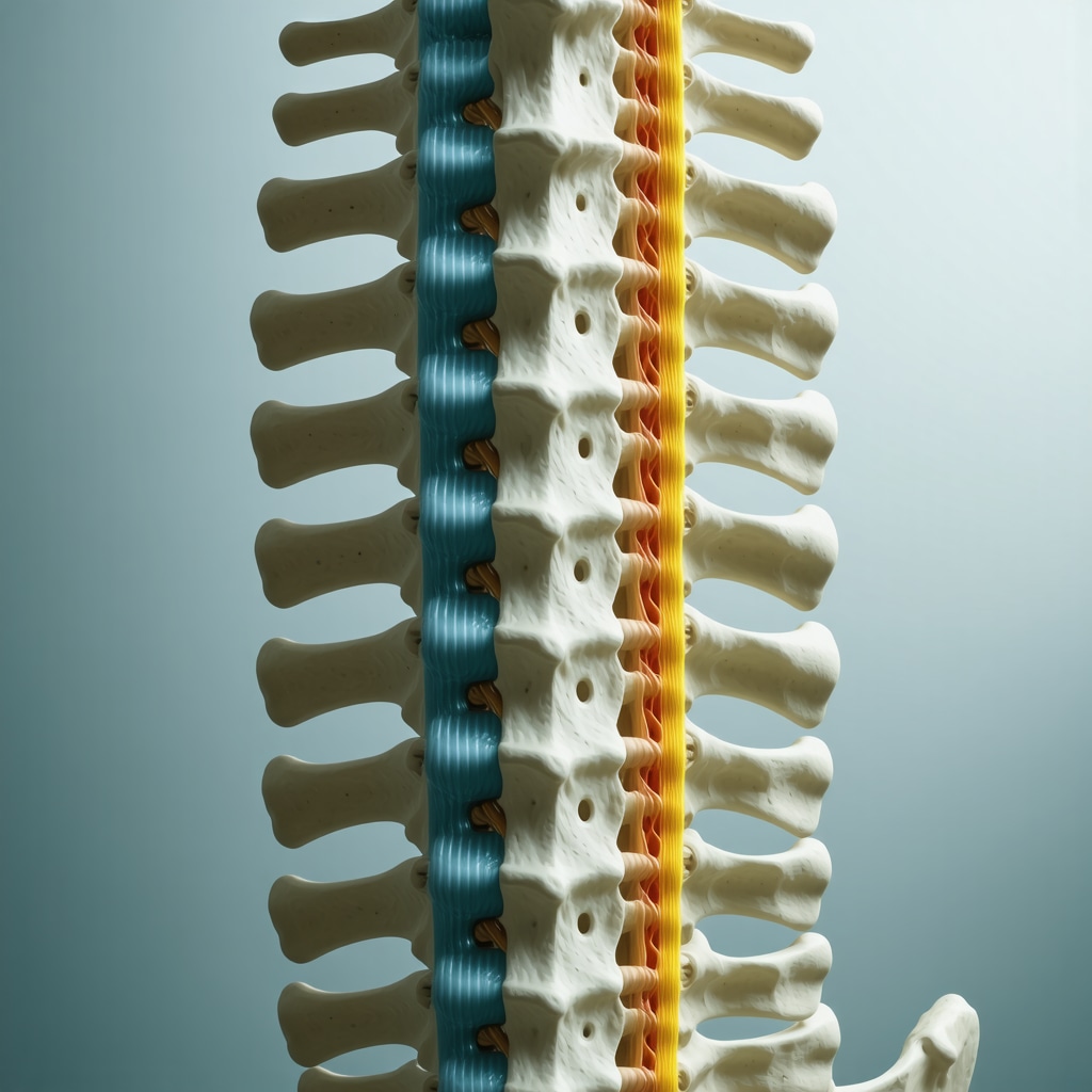 Illustration of spinal hardware showing biomechanical forces and biomaterial integration with vertebrae