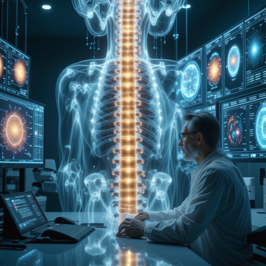 Specialist analyzing advanced spine imaging and AI data in a high-tech clinic