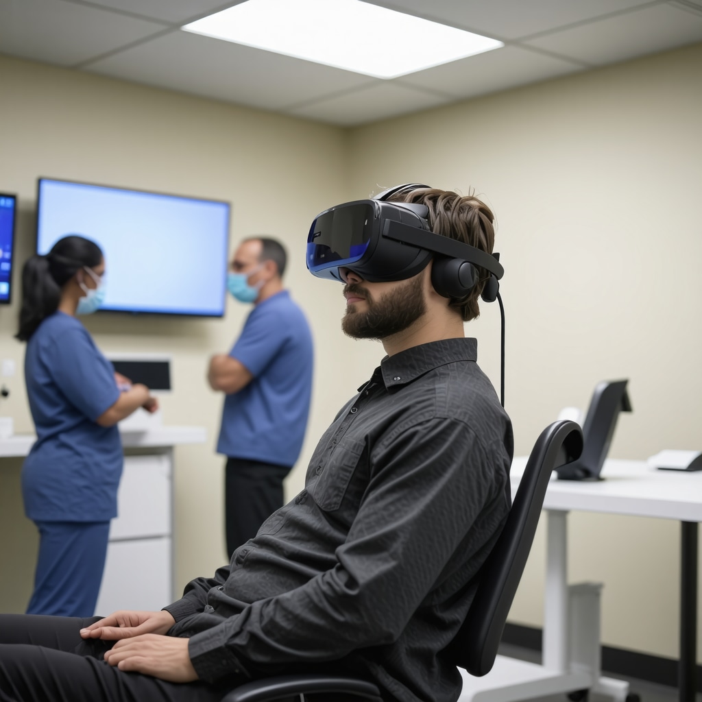 Patient undergoing virtual reality-based spine pain therapy in a New Jersey rehabilitation center