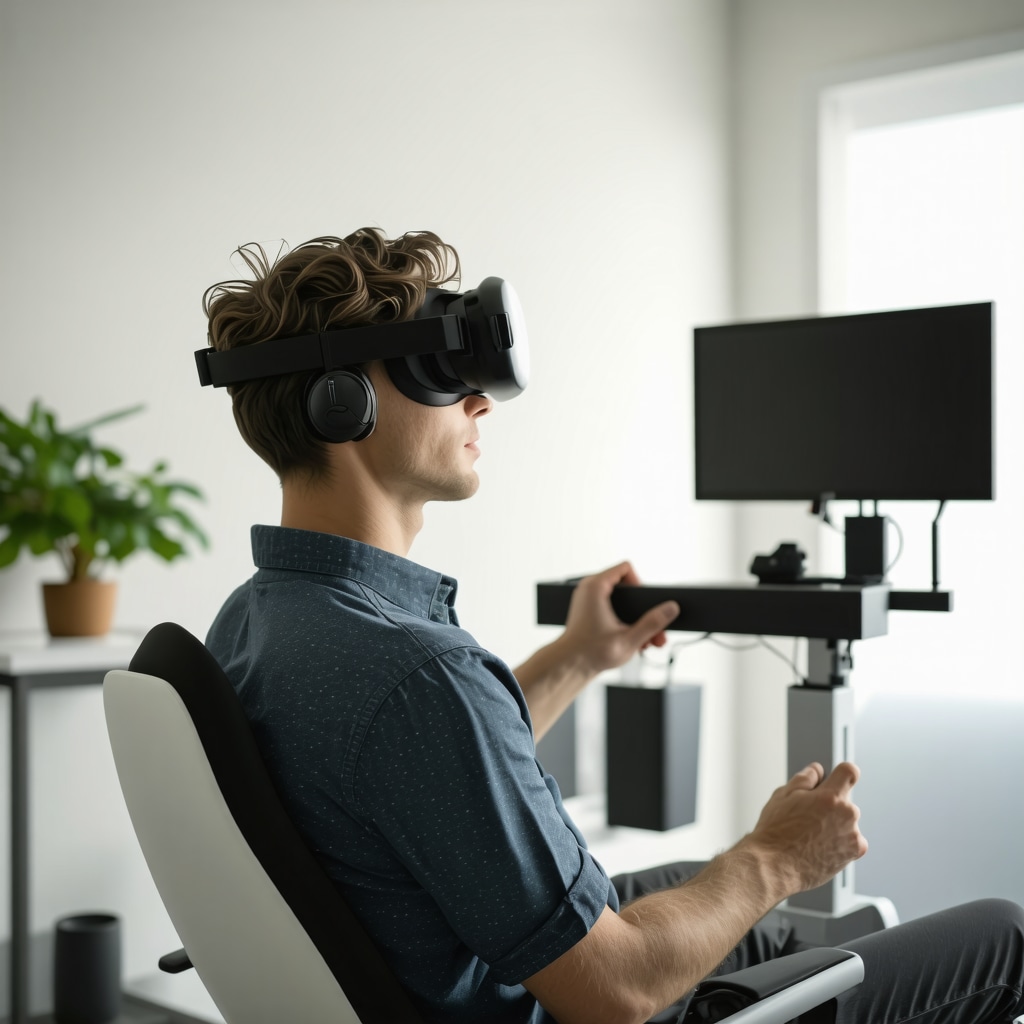 Patient undergoing spine rehabilitation with virtual reality headset and biofeedback monitoring under therapist supervision