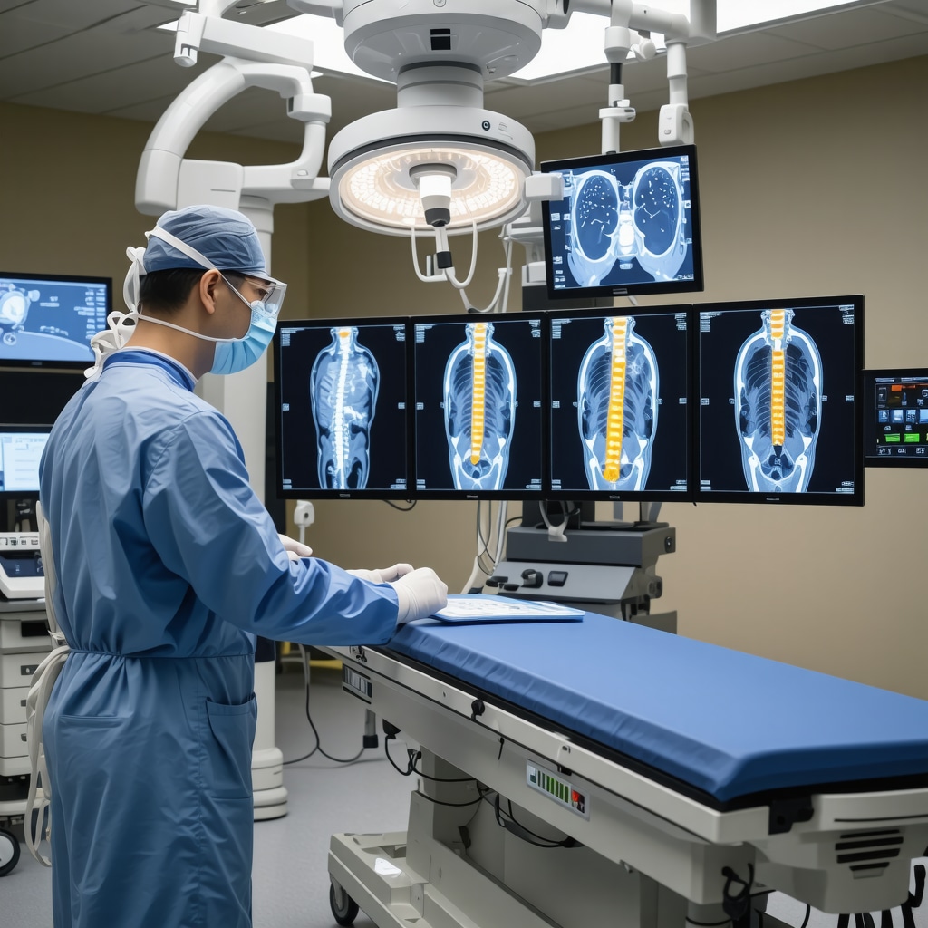 Spine surgeon reviewing 3D spinal imaging and robotic surgery technology in a modern NJ operating room