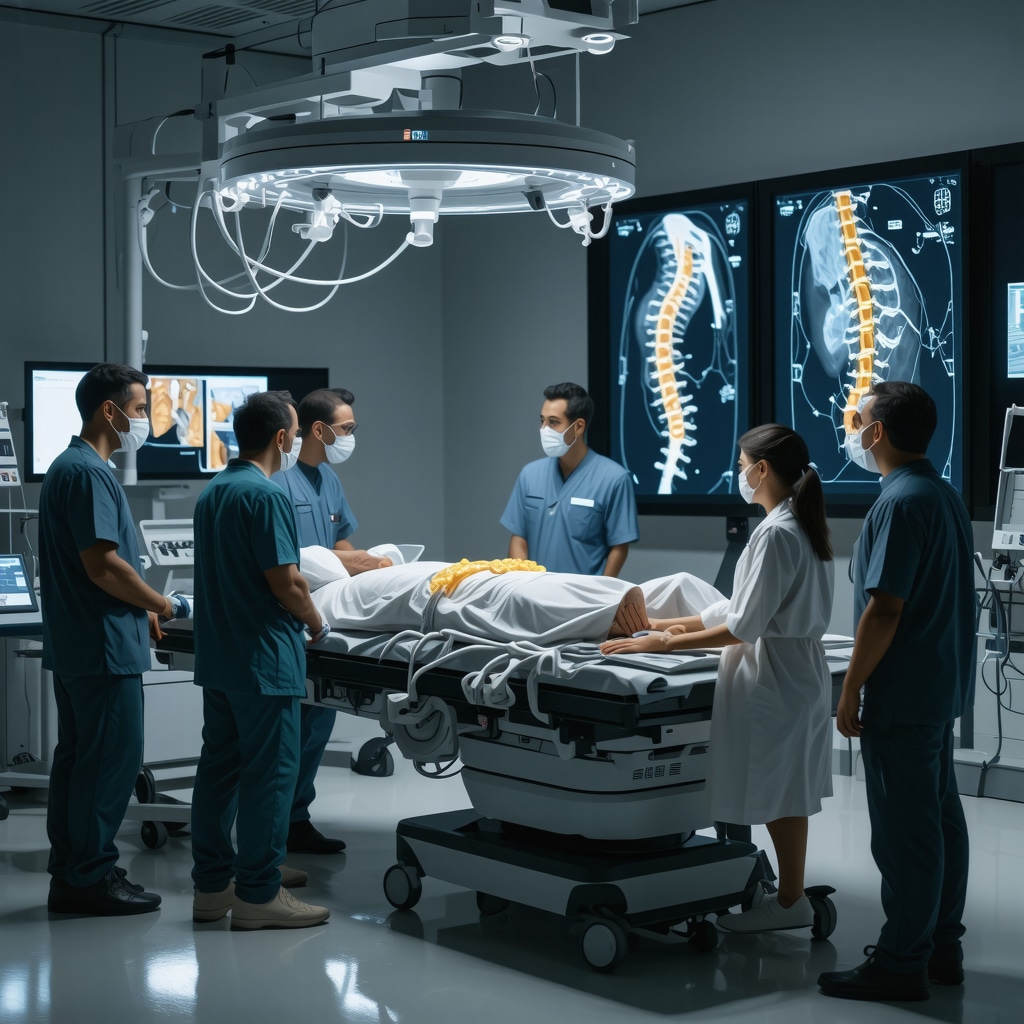 Futuristic spine surgery room with advanced imaging and multidisciplinary team consulting