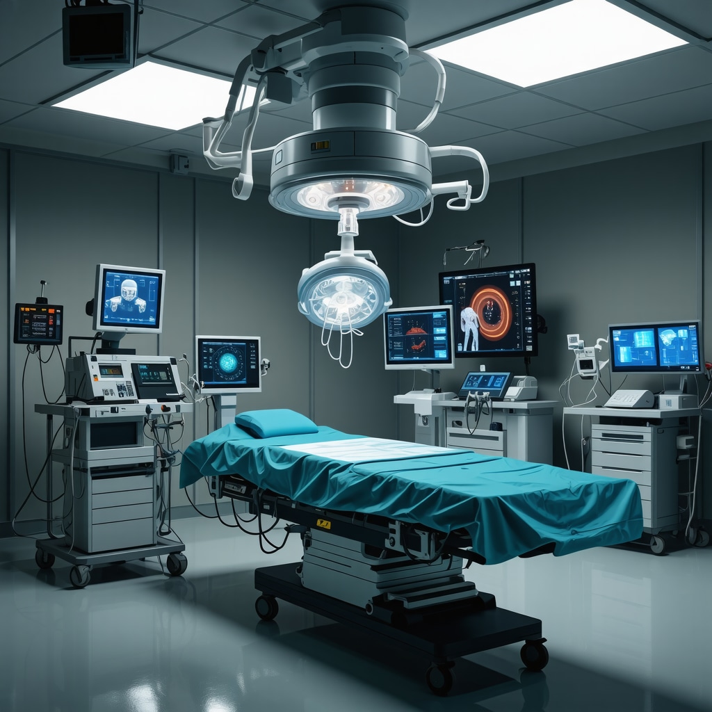 Futuristic operating room showcasing biomechanical models, AR navigation, and genomics data during minimally invasive spine surgery in New Jersey