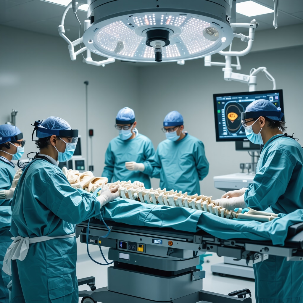 Surgeon using 3D printed instruments and AI technology for precise spinal surgery in a modern operating room