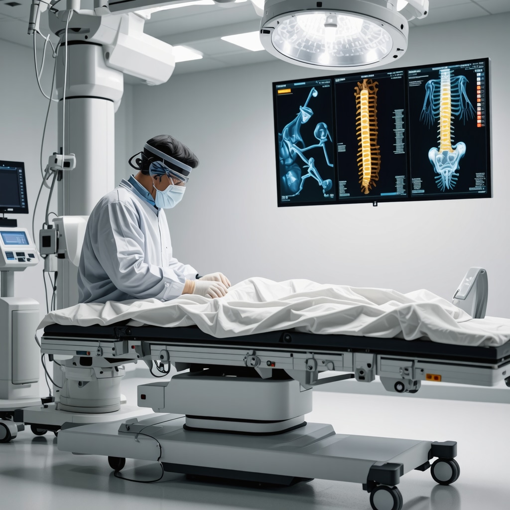 Spine surgeon performing AI-assisted robotic spine surgery with genomic and biomechanical data overlays