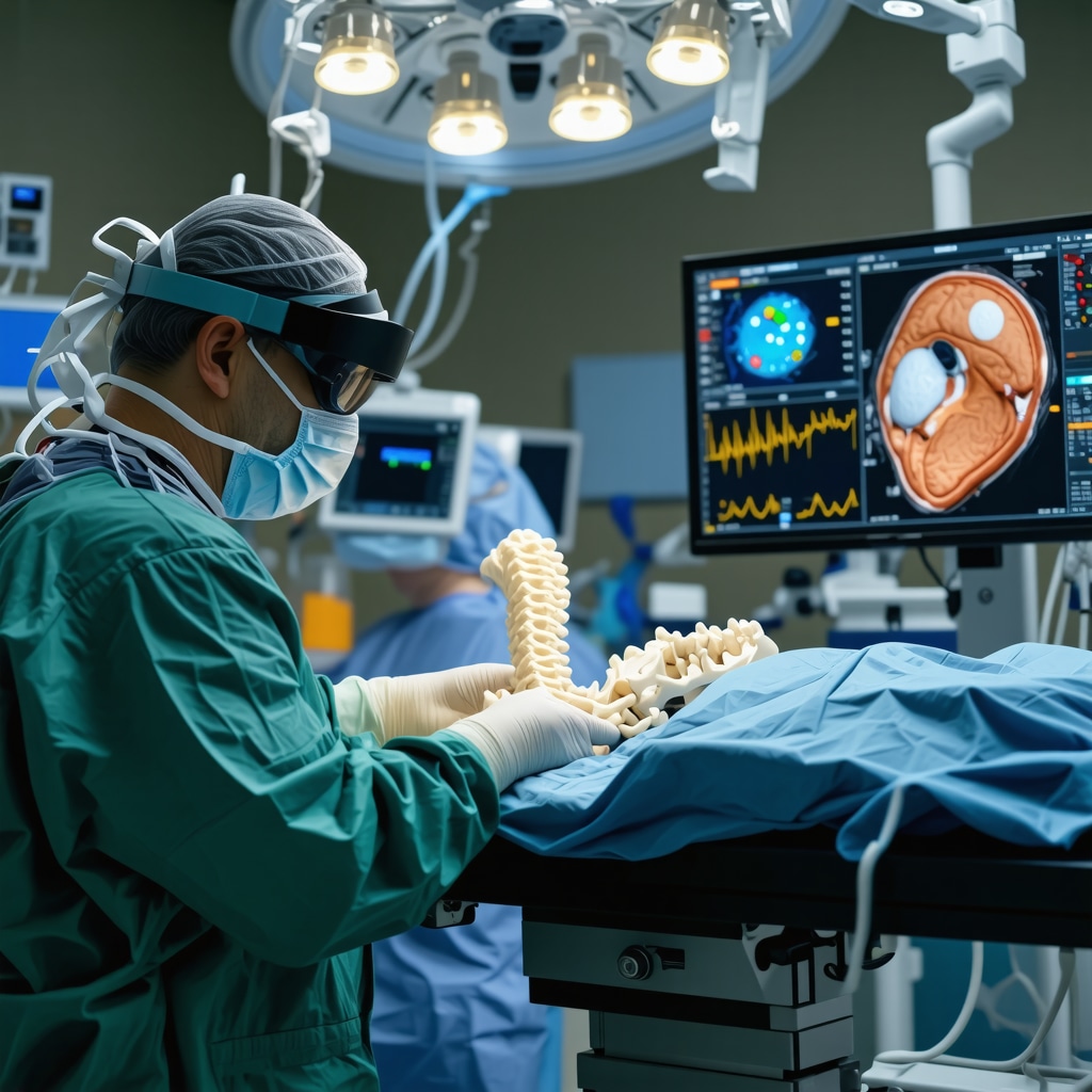 Surgeon utilizing augmented reality and 3D printed spinal implant with AI data visualization in high-tech OR