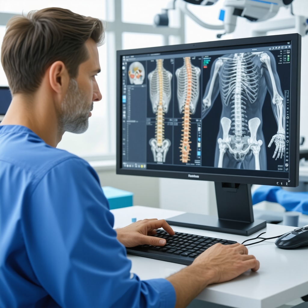 Surgeon analyzing 3D spine models and biomechanical data for athlete's spine surgery planning in a New Jersey clinic