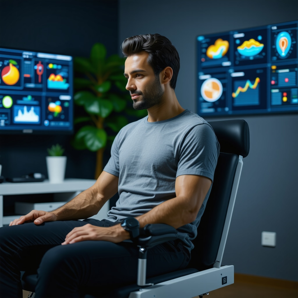 Patient using wearable sensors in a tele-rehabilitation session with digital displays showing genetic and nutritional information
