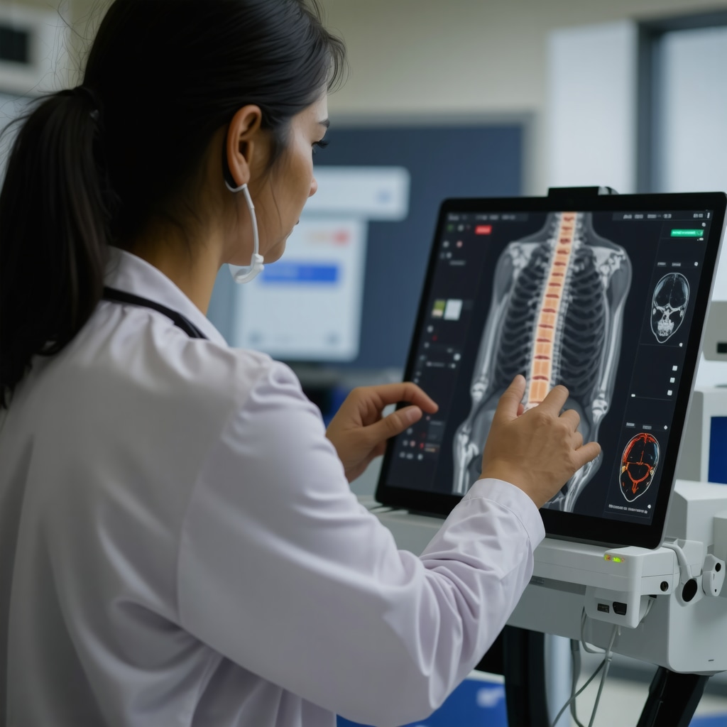 Doctor monitoring spine injury recovery with wearable tech and remote imaging in telehealth setting