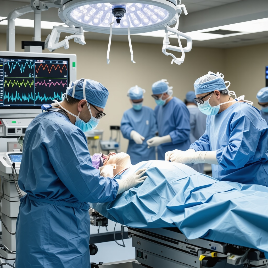 Surgeons performing spinal decompression using 3D navigation and AI tools with wearable patient monitoring