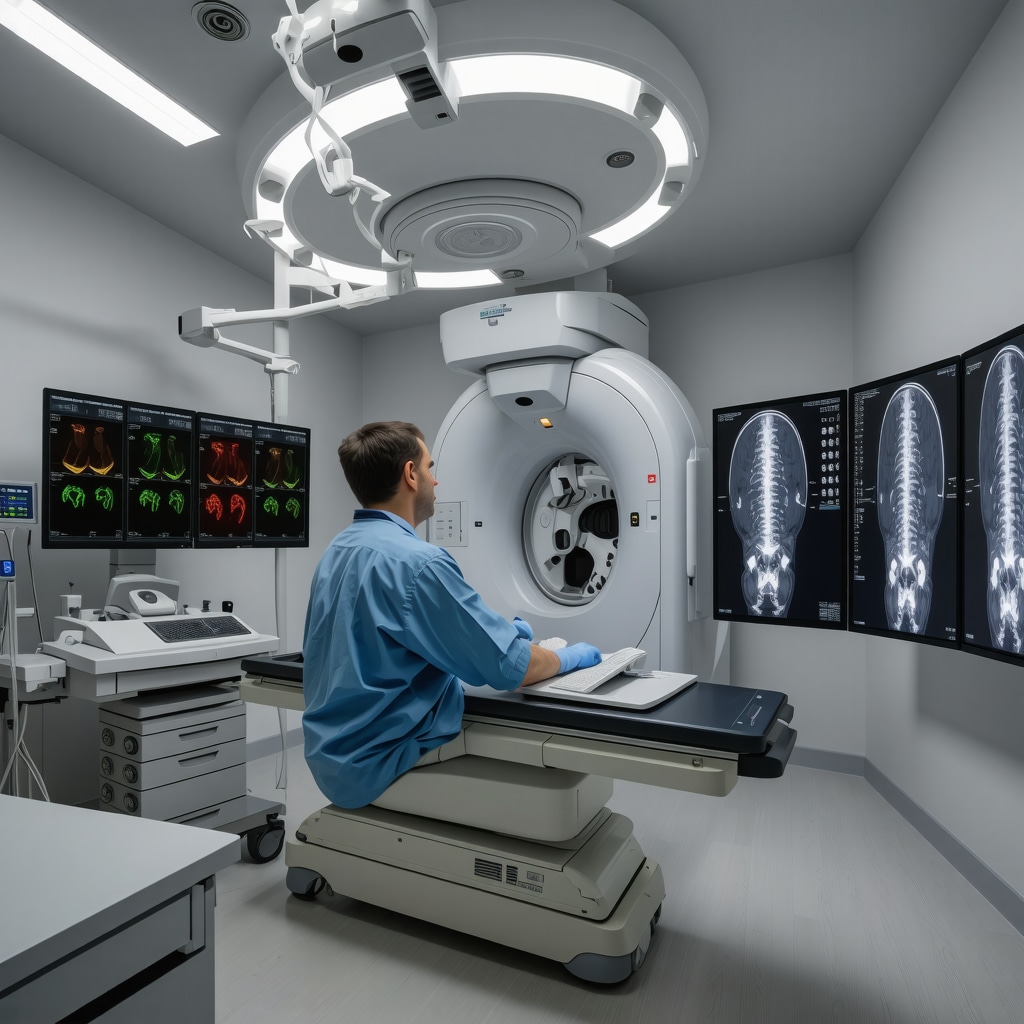 Spine surgeon reviewing advanced spinal imaging scans in a high-tech medical suite