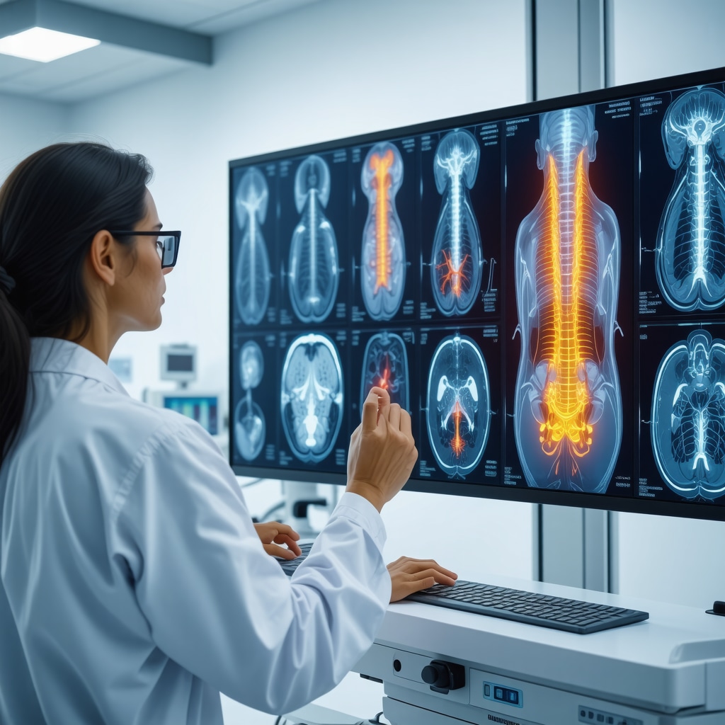Clinician reviewing high-resolution spinal imaging with digital nerve pathway and biomarker overlays