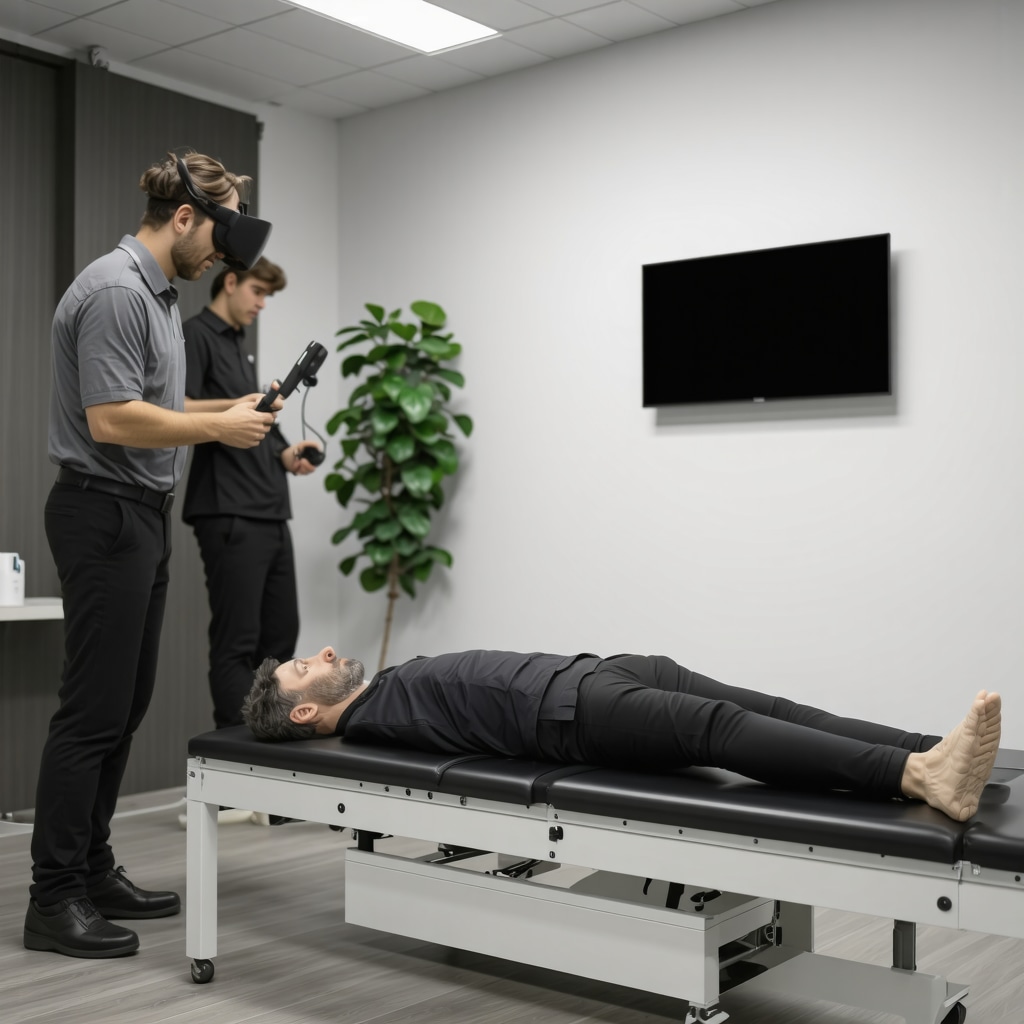 Patient undergoing spinal rehabilitation with wearable sensors and virtual reality technology in Essex County clinic