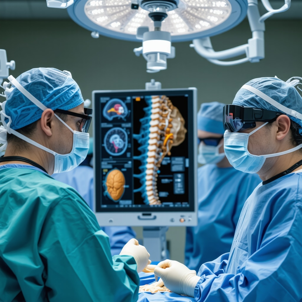 Surgeon performing spine surgery using augmented reality and AI technology in a New Jersey hospital