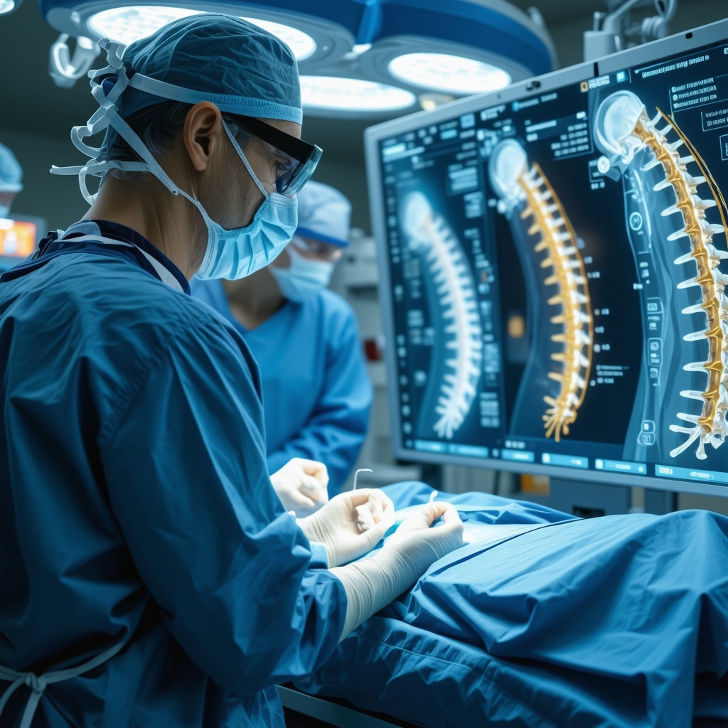 Surgeon performing spine surgery using augmented reality and AI navigation technology
