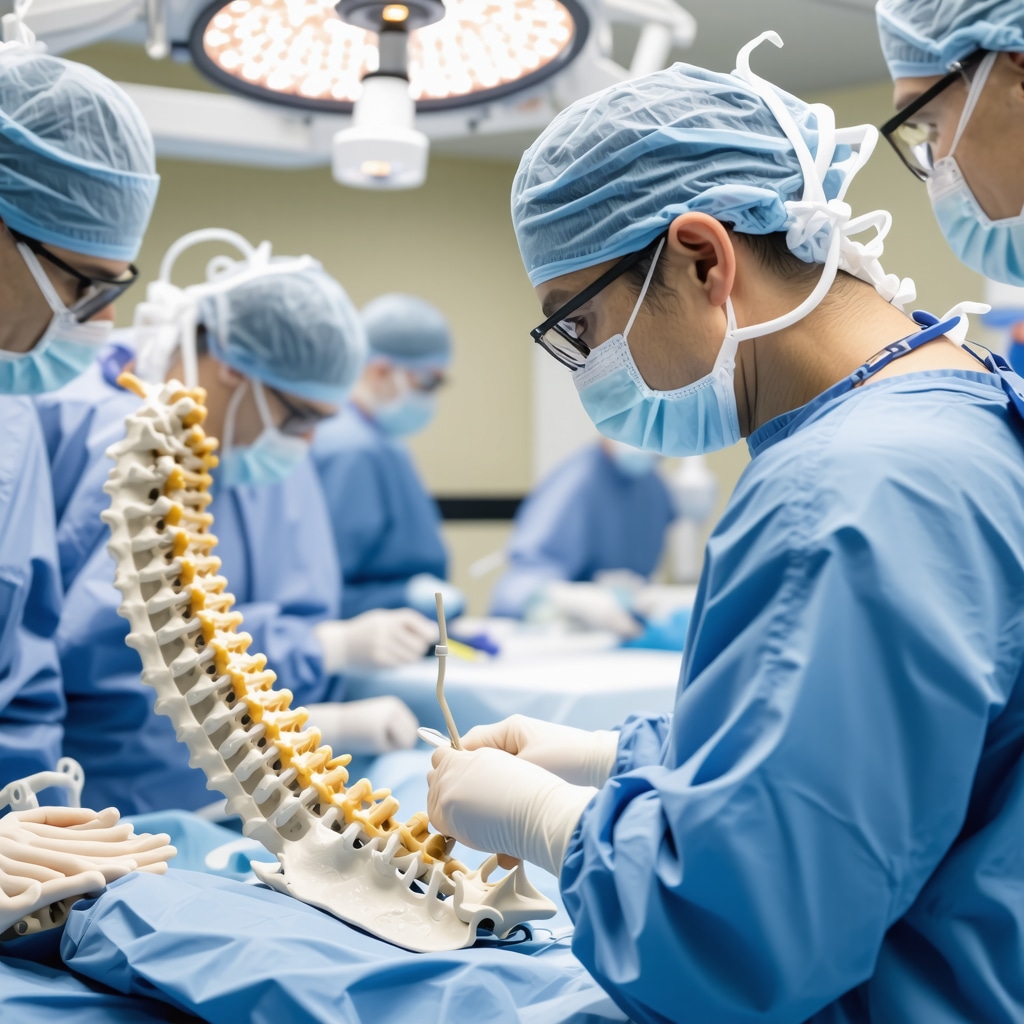 Spine surgeon utilizing advanced imaging and 3D-printed implants with collaborative medical team