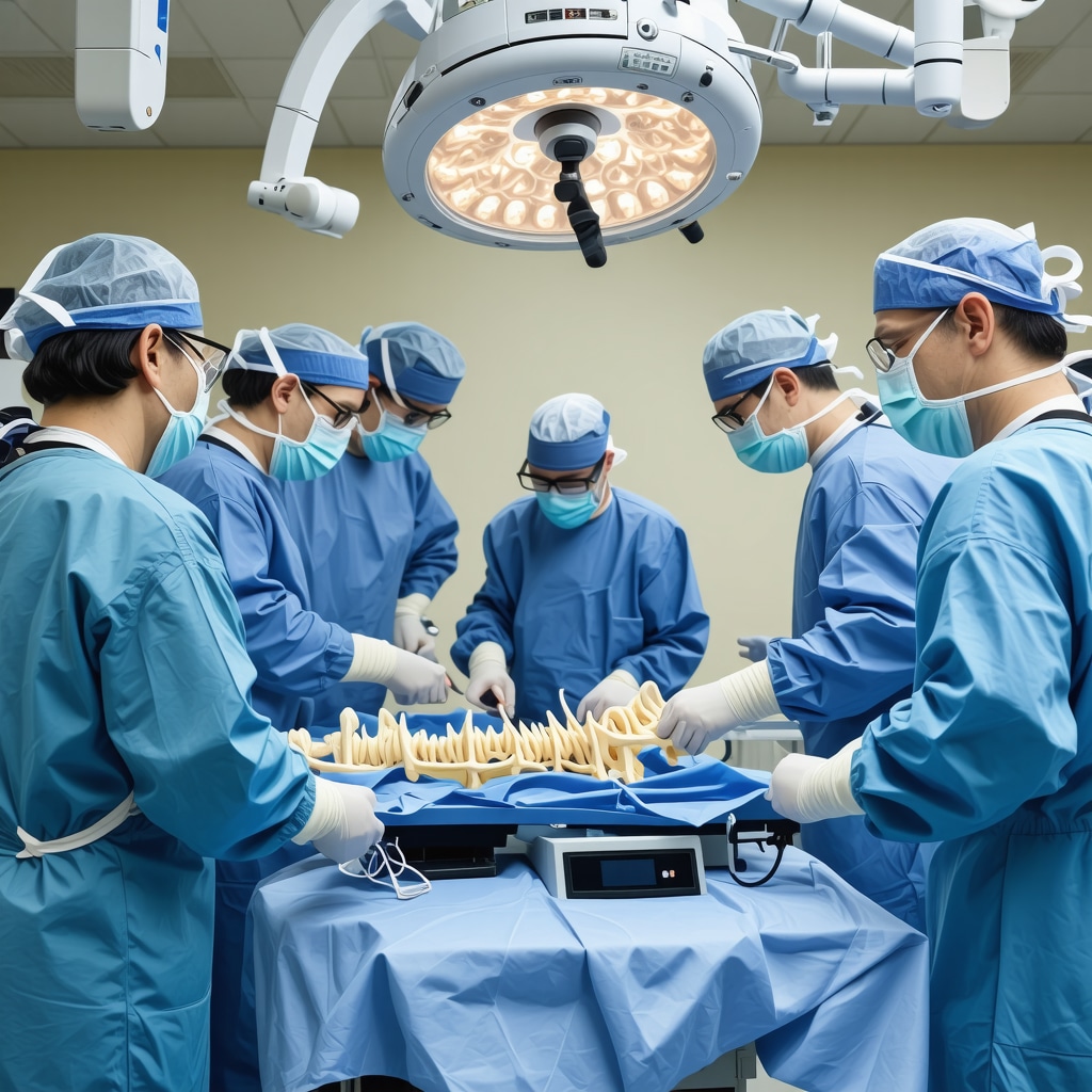 Surgeons performing spinal decompression surgery using intraoperative neurophysiological monitoring and 3D-printed models