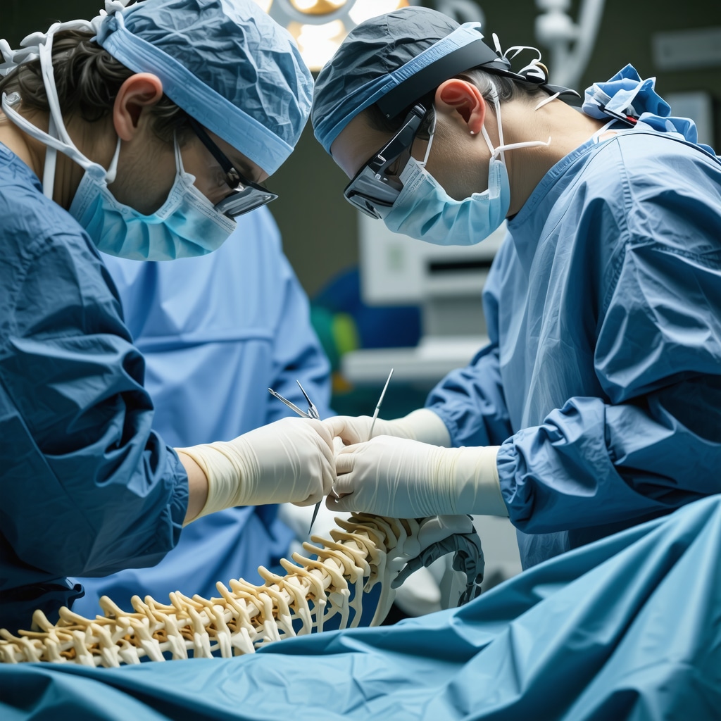 Surgeon performing spine surgery using augmented reality glasses and robotic assistance for athlete patient in a modern operating room