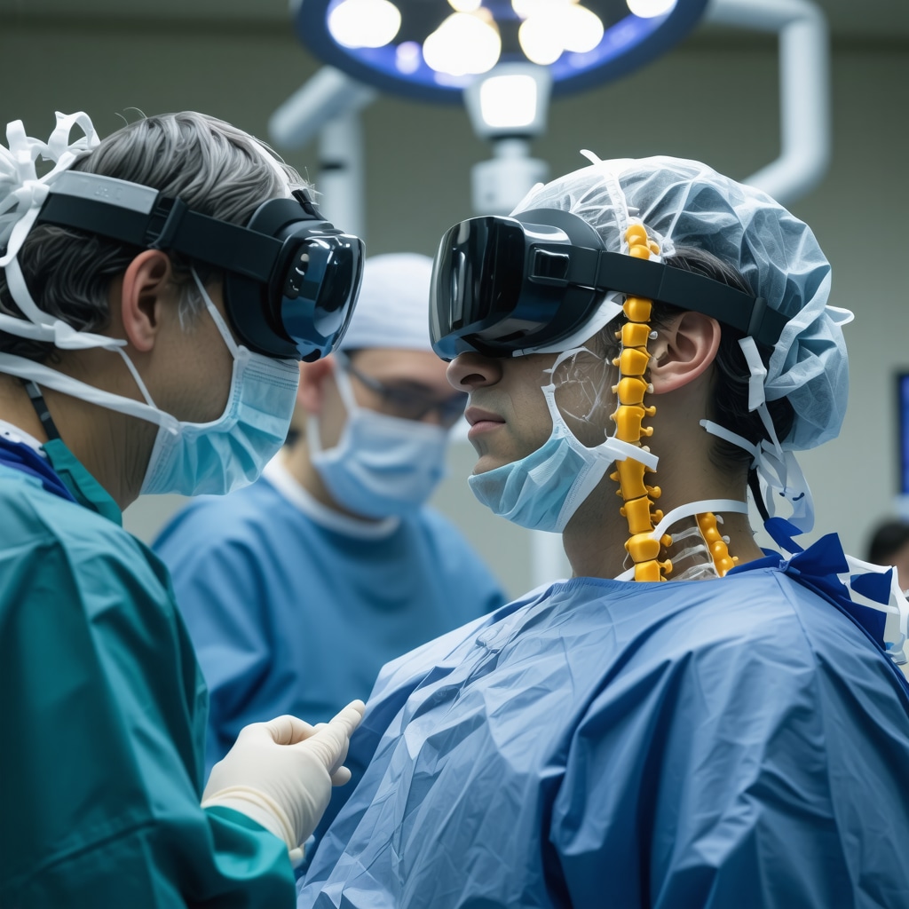 Surgeon wearing augmented reality headset performing spinal surgery with 3D visualization