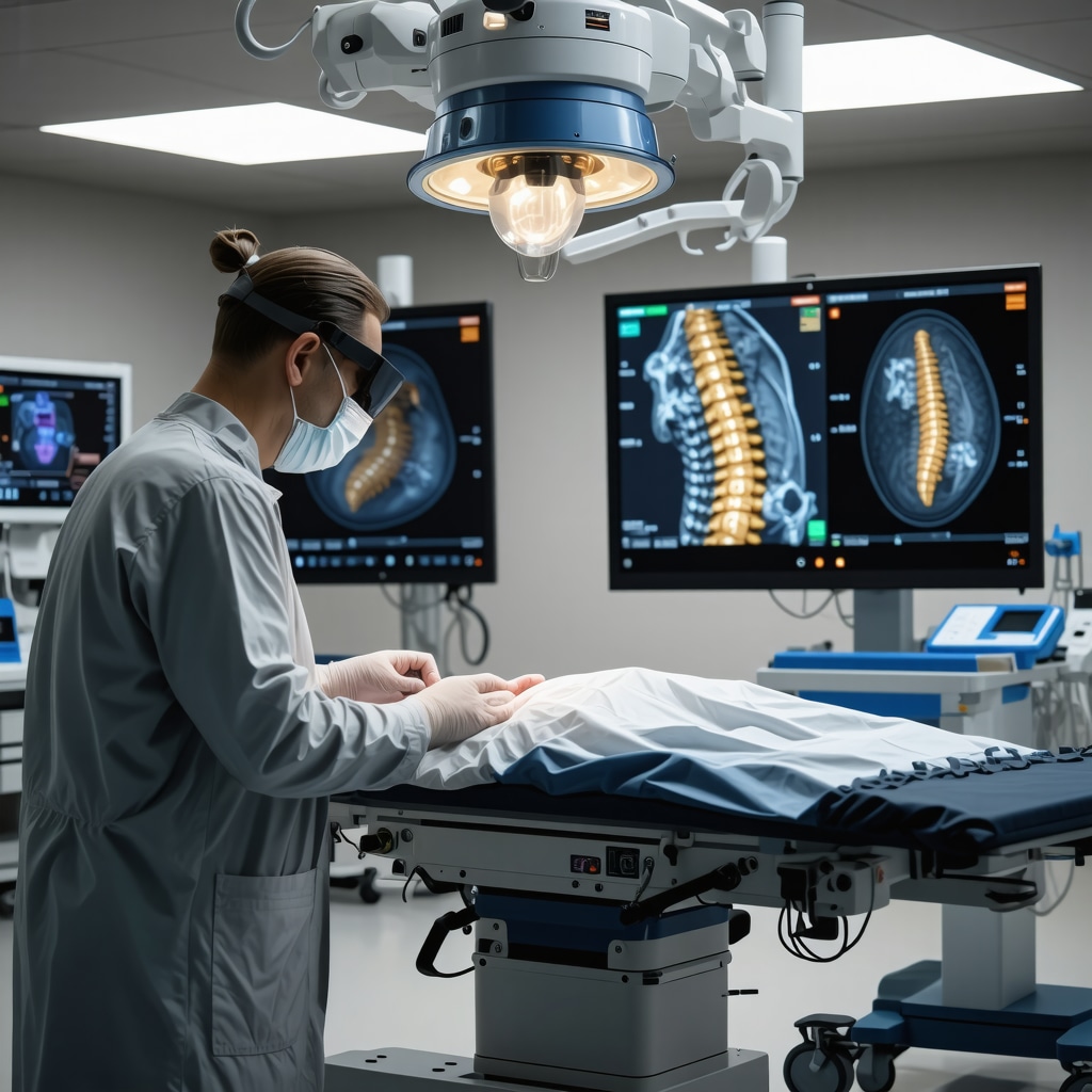 Surgeon performing spine surgery with augmented reality 3D visualization overlay
