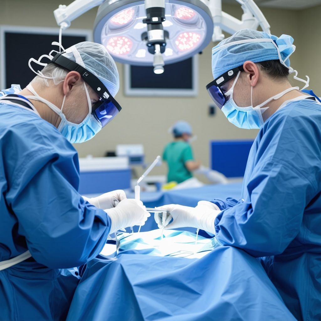 Surgeon utilizing augmented reality glasses with 3D spine visualization during surgery in a high-tech operating room