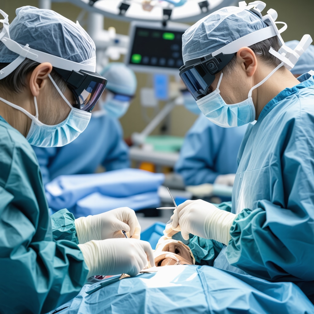 Spine surgeon performing laminectomy using augmented reality and AI tools in a modern operating room