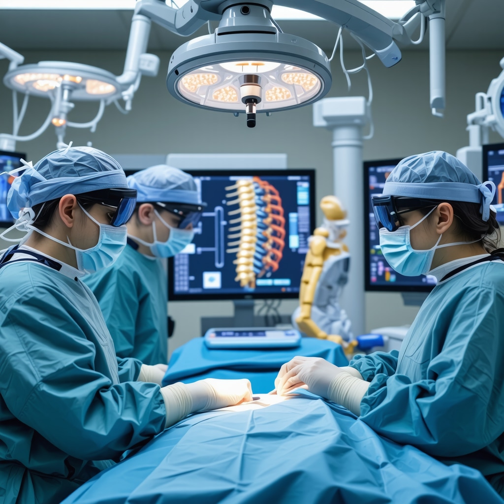 Spine surgeon using augmented reality and AI-assisted robotic tools for spinal reconstruction in a high-tech operating room