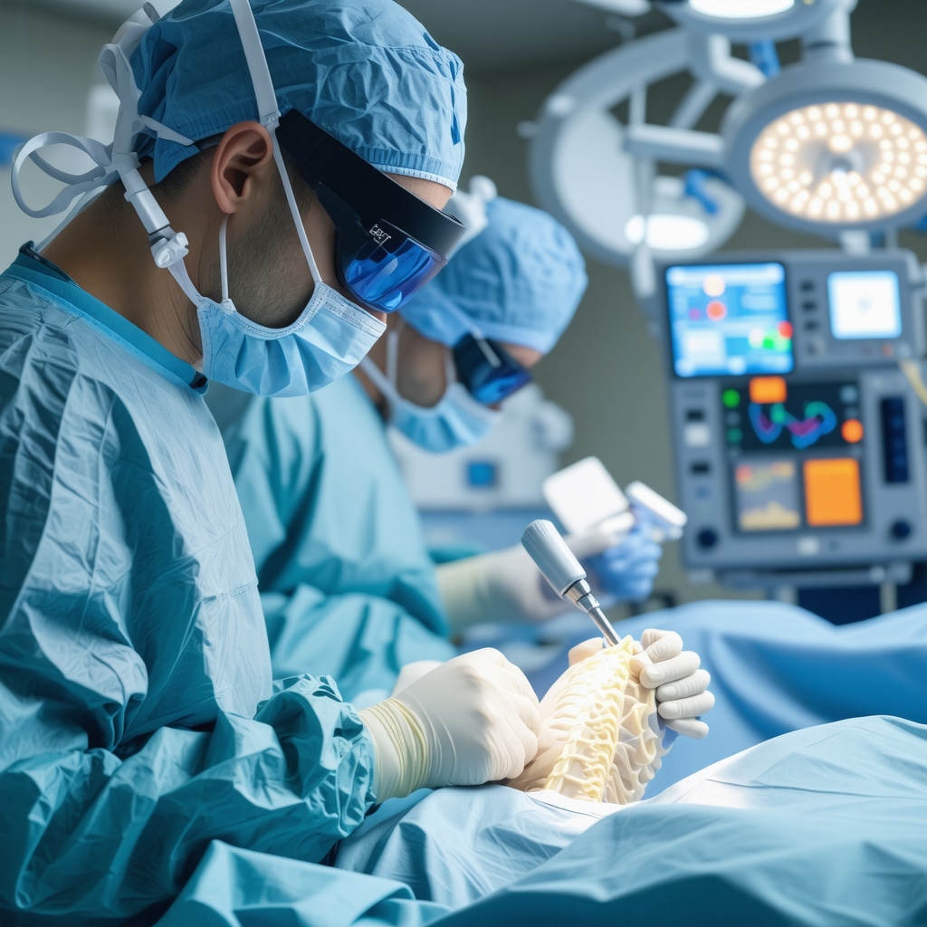 Surgeon using augmented reality glasses and robotic arms for spine surgery with 3D anatomical overlays